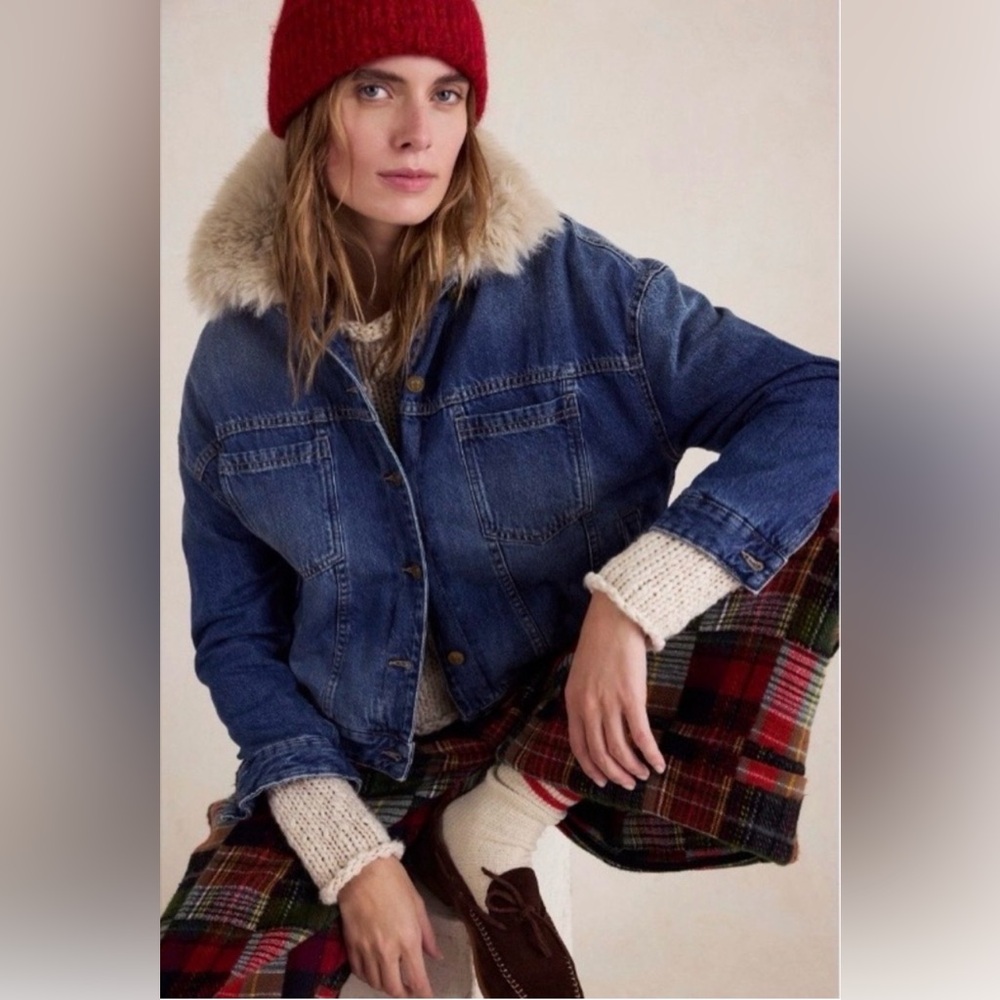 Free People Faux Fur Removable Collar Opal Swing Blue Denim Jacket NWT Size M